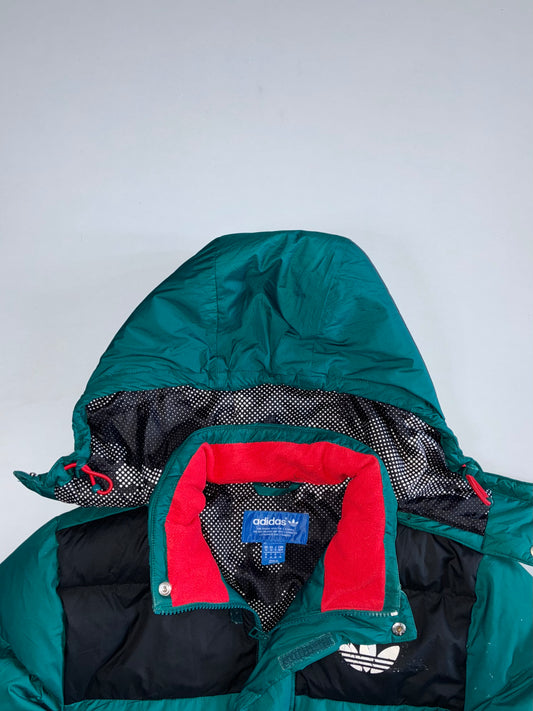 Adidas Originals Trefoil Colorblock Fleece-Lined Hooded Puffer Jacket Teal and detachable Cap (M)