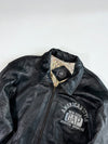 Vintage 90s Gap Black Leather Bomber Jacket – “American Style New York” Embroidery, Map Print Lining (XL)