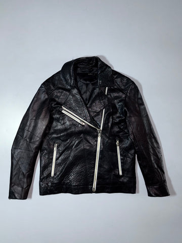 Spell Black Genuine Leather Asymmetrical Moto Biker Jacket with Silver Zippers (S)
