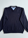 Tommy Hilfiger Navy V-Neck Knit Sweater – Oxford Contrast Collar (M)