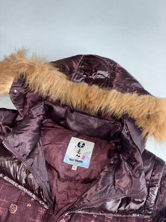 Big Train Faux Fur Hood Puffer Jacket Burgundy Floral (XL)