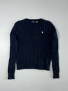 Polo Ralph Lauren Navy Cable Knit Crewneck Sweater – White Pony – (XS)