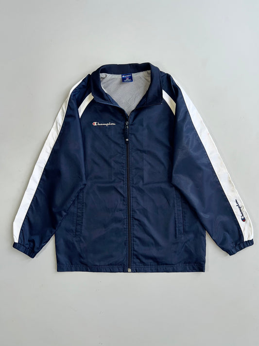Champion Script Logo Windbreaker Jacket Mesh Lined Navy White Colorblock Size 150. (M)