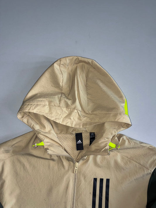 Adidas W.N.D. Sand Beige & Black Neon Accent Hooded Windbreaker Jacket — Recycled Polyester | Size (M/L)