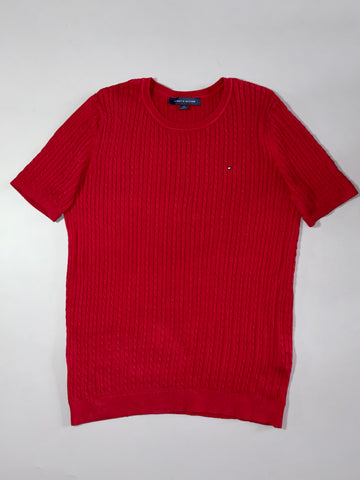 Tommy Hilfiger Red Cable Knit Short Sleeve Sweater Top (Women's) (M)