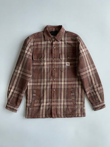 Carhartt TJ4452 Sherpa-Lined Brown Plaid Flannel Shirt Long Jacket (S)
