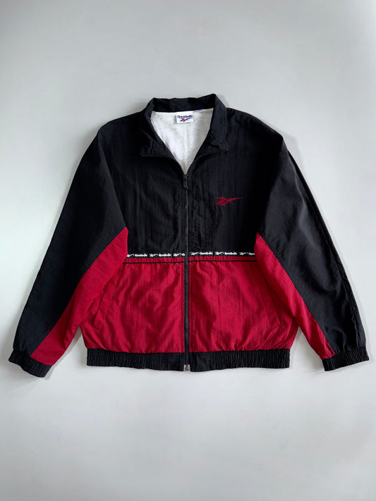 Vintage 90s Reebok Windbreaker Jacket Black Burgundy Colorblock Logo Oversized (M/L)