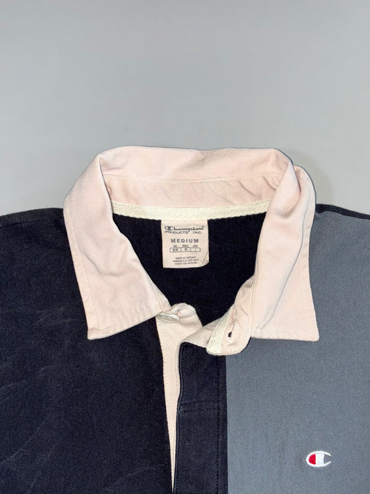 Champion Products Inc. Two-Tone Black Grey Colorblock Cream Collar Embroidered C Logo Rugby Long Sleeve T-Shirt (L)