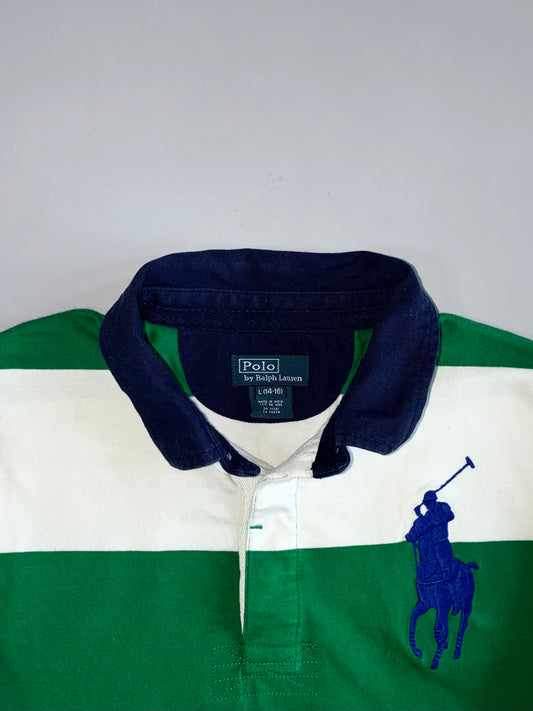Vintage Polo Ralph Lauren Big Pony Green White Stripe Rugby T-Shirt (S)