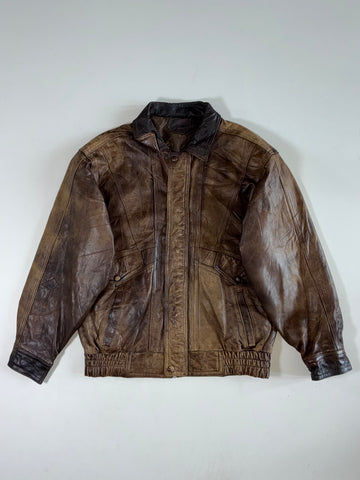 Vintage Two-Tone Brown & Black Leather Moto Bomber Jacket (L)