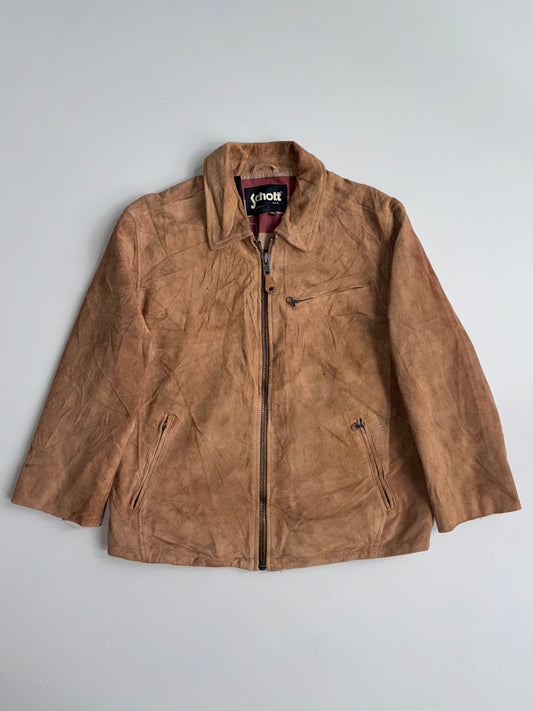 Vintage Schott NYC Sheepskin Suede Leather Motorcycle Jacket –lTan Custom Rider Lining (L/Xl)