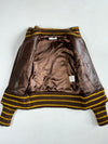 Ichi Brown Leather Bomber Jacket with Mustard Striped Knit Collar & Cuffs, (XS)