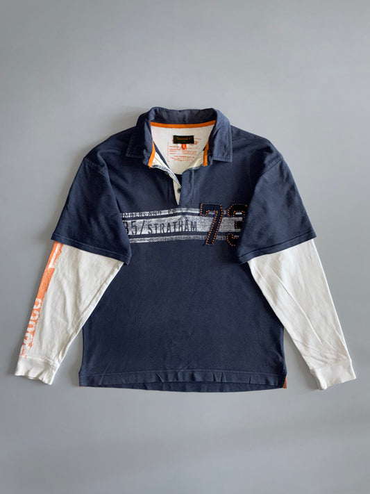 Timberland Navy Layered Rugby Polo – “Stratham 73” Varsity Print (M)