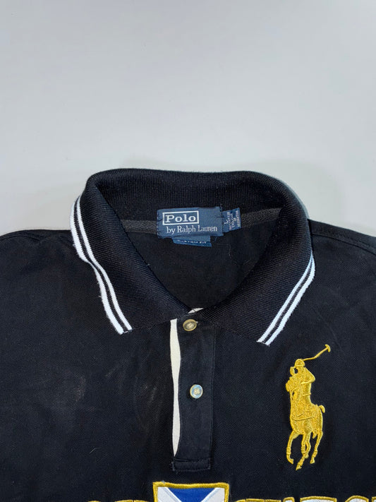 Polo Ralph Lauren Custom Fit Black Watch Big Gold Pony Embroidered Colorblock Black White Short Sleeve Pique Polo T- Shirt (M)