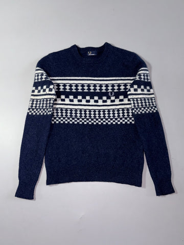 Fred Perry Fair Isle Geometric Knit Sweater – Navy (XS)