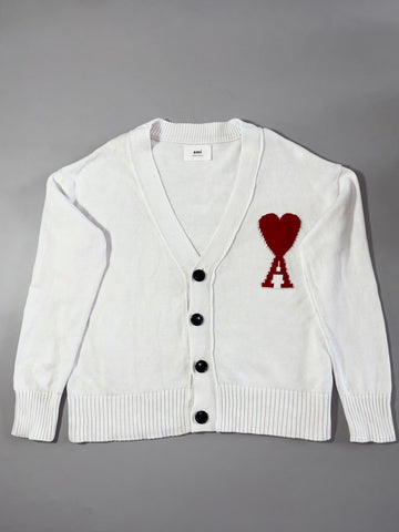 AMI Paris White Cardigan – Big Red Ami de Coeur Intarsia (XL)