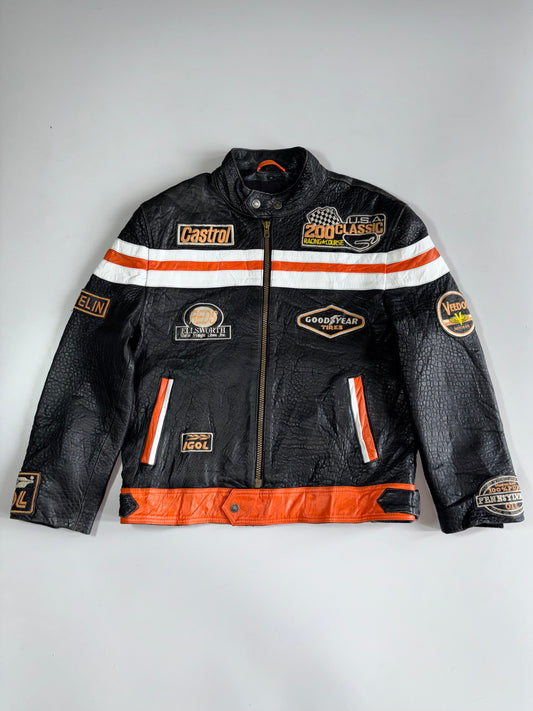 Vintage USA Classic Racing Leather Jacket Castrol, Goodyear, Michelin, Veedol Patches (L/XL)