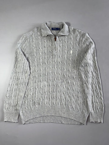 Polo Ralph Lauren Grey Cable Knit Quarter Zip Sweater – Leather Pull (XL)