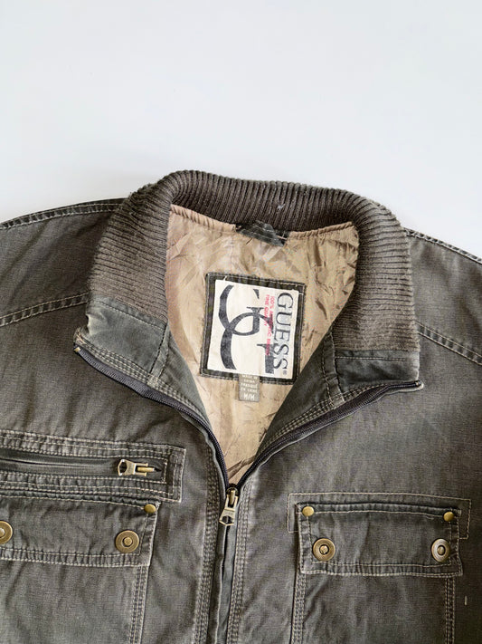 Guess Washed Cotton Multi-Pocket Full-Zip Field Jacket with Graphic Lining (M/L)