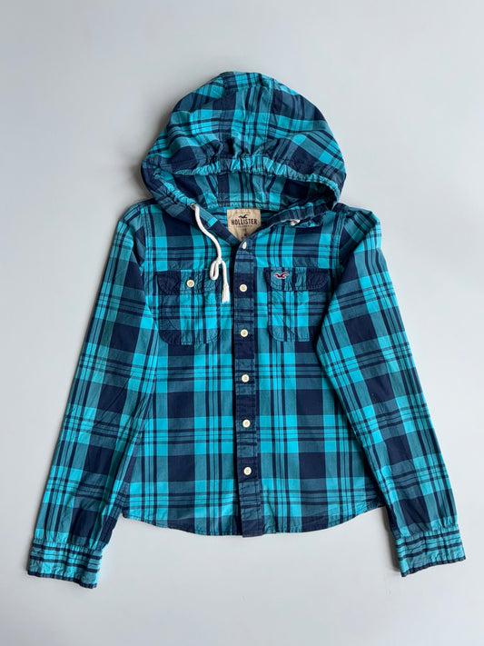 Hollister California Hooded Flannel Shirt – Blue/Navy Plaid (S/M)