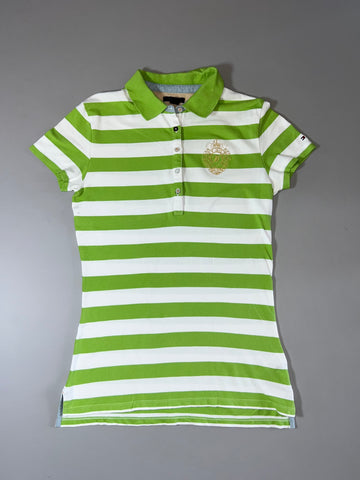 Tommy Hilfiger Green & White Striped Crest Polo women's (XS)