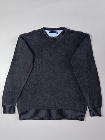 Tommy Hilfiger Charcoal Grey Crewneck Knit Sweater – Chambray Neck Detail (XL)
