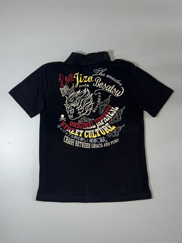 Grace & Fury | Japanese Jizo Embroidered Black Polo | (M)