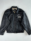 Vintage 90s Gap Black Leather Bomber Jacket – “American Style New York” Embroidery, Map Print Lining (XL)