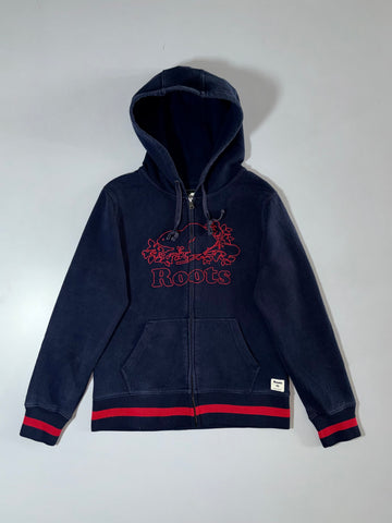 Roots Beaver Logo Full-Zip Hoodie Navy with Red Stripe Trim (S)