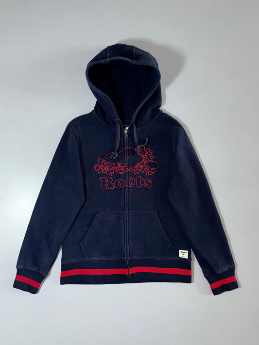 Roots Beaver Logo Full-Zip Hoodie Navy with Red Stripe Trim (S)
