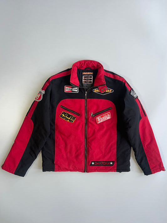 Vintage Pharta Professional DareDevil Racing Jacket Red Black Multi-Patch Daytona Champion Goodyear (M/L)