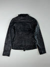 Black Leather-Look Café Racer Jacket with Snap Collar & Zip Pockets (XS)