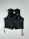 Vintage Vanguard Black Leather Biker Vest – Harley-Davidson Eagle Patch, Side Lace-Up (L)