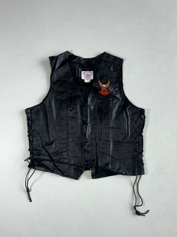 Vintage Vanguard Black Leather Biker Vest – Harley-Davidson Eagle Patch, Side Lace-Up (L)