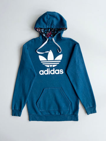 Adidas Originals Teal Big Trefoil Hoodie with Floral Hood Lining  (M)