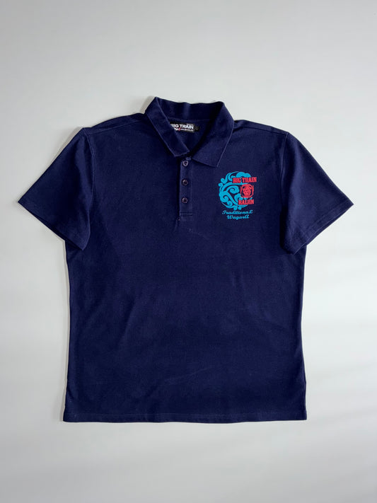 Big Train Osaka Raijin Wagara Graphic Polo – Navy, Traditional Japanese Print (L)