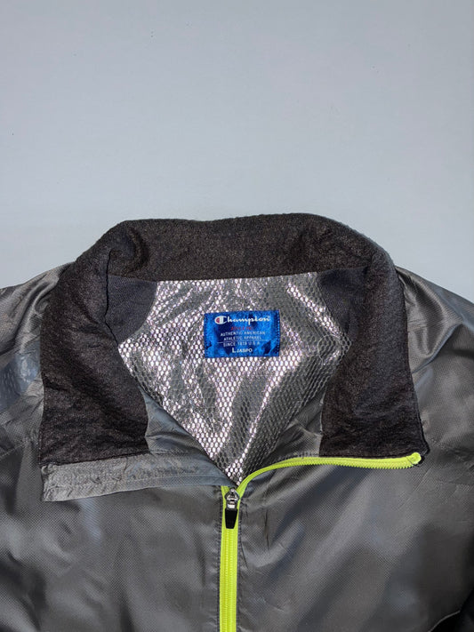 Vintage 90s Champion Colorblock Windbreaker Jacket | Black Grey Neon Yellow (L/XL)