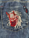 Japanese Oni Mask Acid Wash Denim Shorts (W:40) (L:24)
