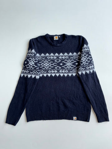 Carhartt Navy Fair Isle Knit Sweater – Nordic Pattern Crewneck (M)