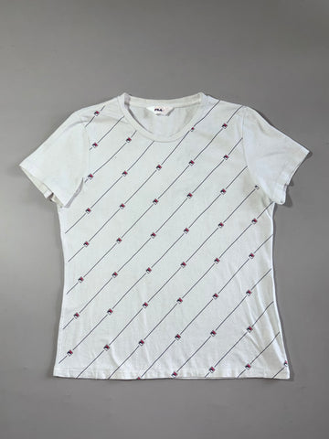 FILA Diagonal Logo Stripe Tee – White All-Over Print Women’s  (M)