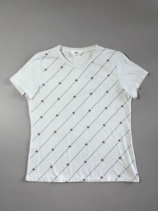 FILA Diagonal Logo Stripe Tee – White All-Over Print Women’s  (M)