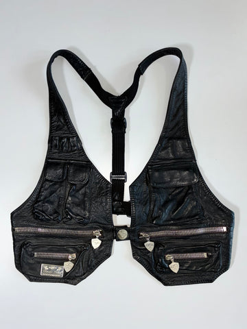 Uncle Sam Sportswear Co. Vintage Black Leather Tactical Chest Rig / Holster Vest (M)