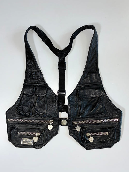 Uncle Sam Sportswear Co. Vintage Black Leather Tactical Chest Rig / Holster Vest (M)