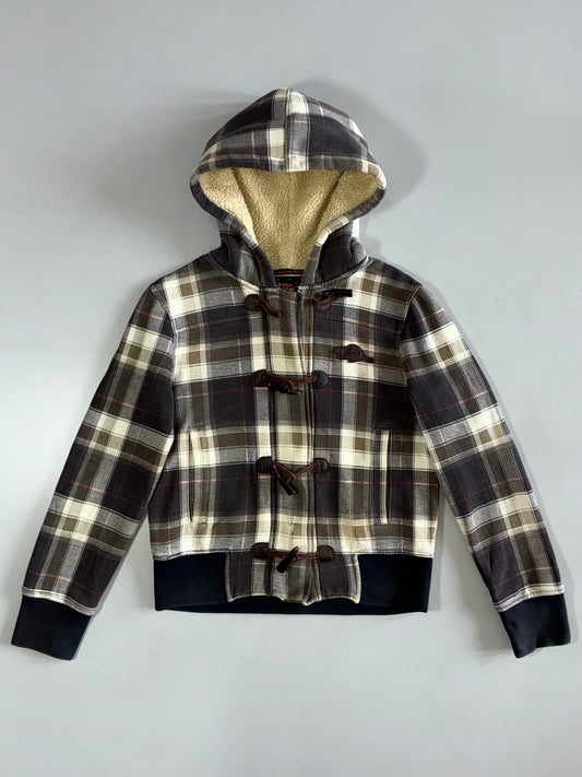 Plaid Wool-Blend Toggle Duffle Hoodie (XS/S)