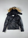 Vera Pelle Black Leather Jacket women’s attached cap with Fur-Trimmed Hood & Zip Pockets (XS)