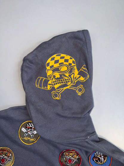 !      Ed Hardy 'Skull & Pistons' Rhinestone Zip-Up Jacket - Slate Grey (U.RARE) (M/L)