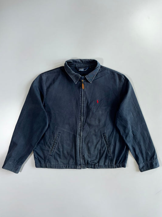 Polo Ralph Lauren 100% Cotton Made in Portugal Red Pony Pull Faded Black Full-Zip Harrington Jacket (XL)