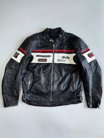 Difi Championship Racing Crossed-Flag Patch Colorblock Leather Moto Jacket Paded (XL)