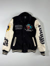 FSBN “Rough” Graphic Varsity Jacket with Tiger & Flaming 8-Ball Design – Black & Cream (S)