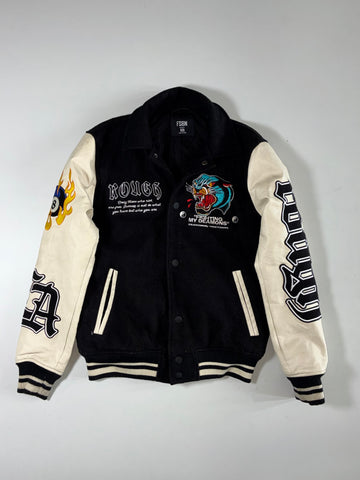 FSBN “Rough” Graphic Varsity Jacket with Tiger & Flaming 8-Ball Design – Black & Cream (S)